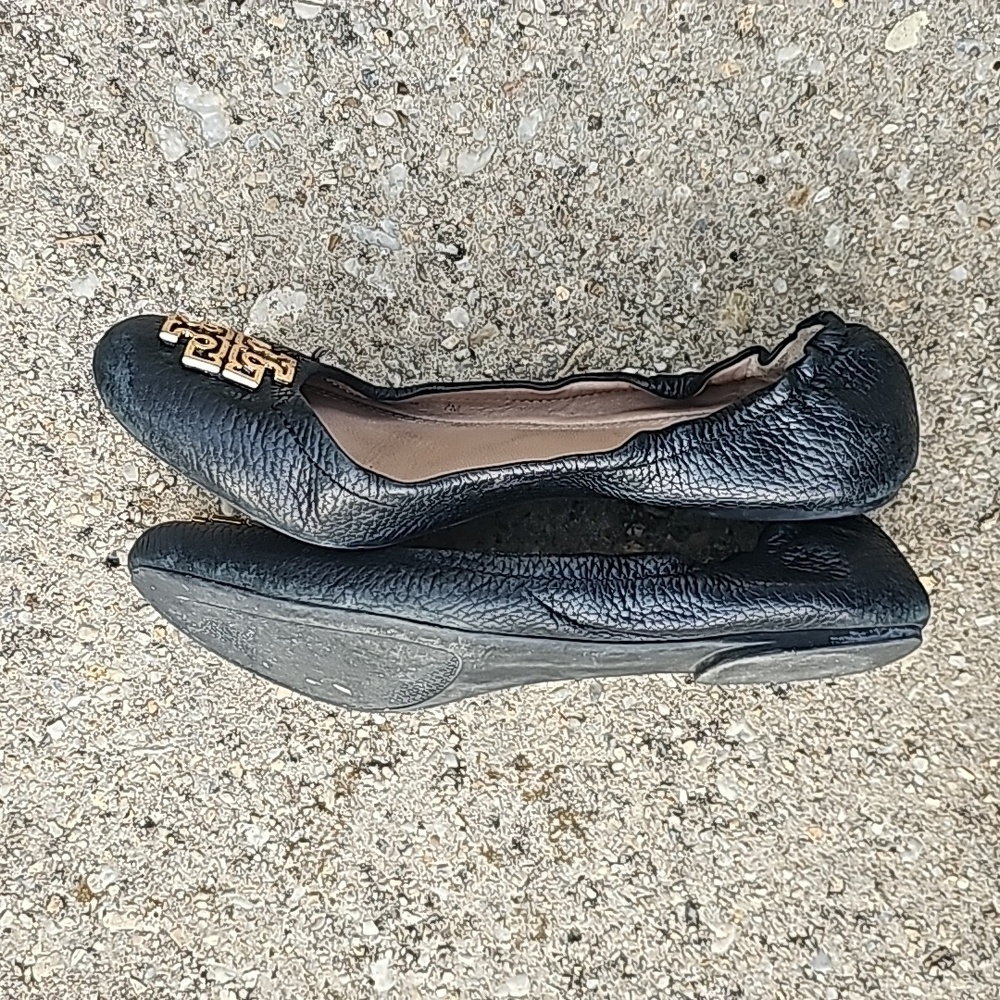 Tory Burch Melinda Ballet Flats Black Leather with Gold Logo Size 7 M - Picture 4 of 8